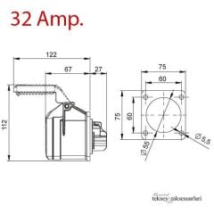 IP44 16 Amp. 32 Amp. Sahil Besleme Prizi (Düz)