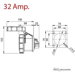 IP67  16 Amp. 32 Amp. Sahil Besleme Prizi (Düz)