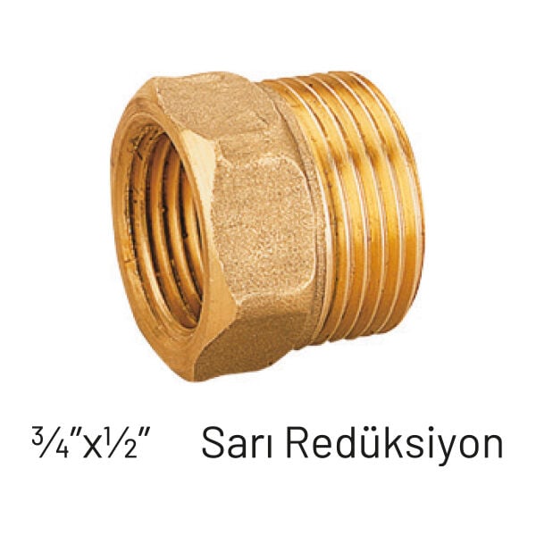 3/4'' - 1/2'' Pirinç (Sarı) Redüksiyon – Paslanmaz, Dayanıklı ve Sızdırmaz Bağlantı
